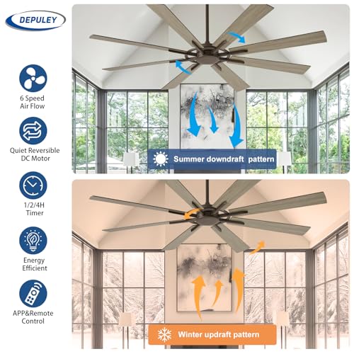 Image of Depuley Ceiling Fan Without Light: 66 Inch Big Indoor Outdoor Fan with Remote APP Control - Brown Wood Grain Large Ceiling Fan no Light 8 Blade Reversible Quiet DC Motor Memory Function Timer