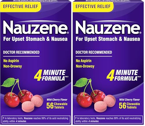 Image of Nauzene Non-Drowsy Upset Stomach & Nausea Relief Chewable Tablets | 4-Minute Formula | Doctor Recommended | Wild Cherry Flavor |, 56 Count (Pack of 2)