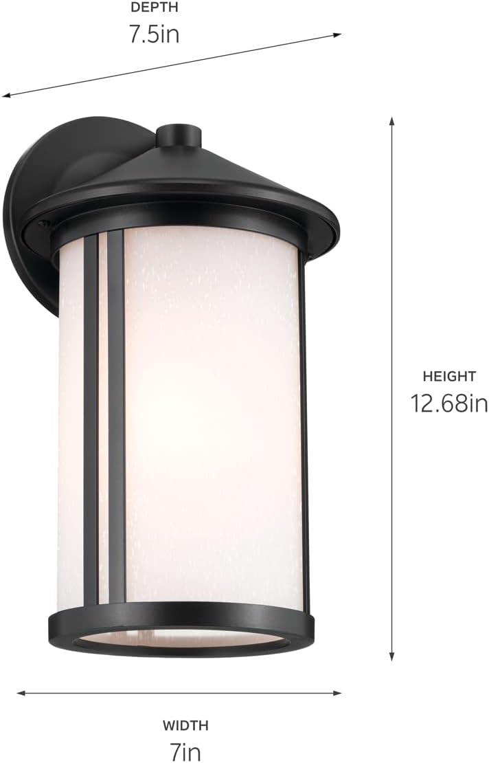 Kichler Lombard Outdoor Wall Sconce, 1-Light Modern Industrial Exterior Wall Light with Etched Seeded Glass in Black, (12.75" H x 7" W)