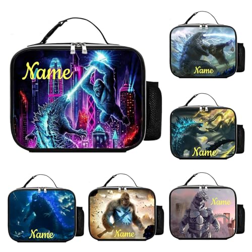Monster Kong Fight Personalised Name Boys Girls Leather School Insulated Lunch Bag Children Insulated Food Hand Bags Kid's Birthday Gifts
