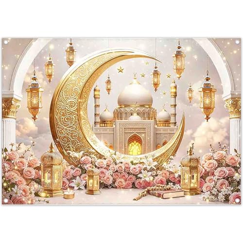 Luminora 2,1x1,5m Décoration de Fond pour Le Ramadan : Mosquée Islamique, Croissant de Lune, lanternes dorées, Eid Mubarak, Iftar, fête Musulmane, Accessoires Photo.
