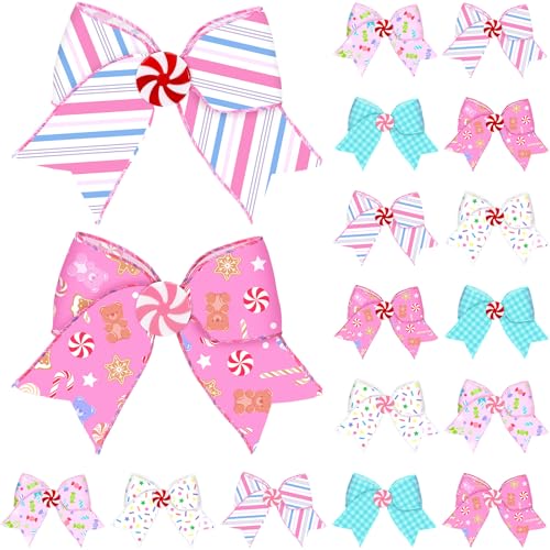 Realspring 15 Pcs Candy Christmas Bows Ornaments 6.3 Inch Large Pastel Christmas Tree Wreath Bows Pink White Blue Xmas Decoration for Xmas Tree Garland Wedding Home Holiday Indoor Outdoor Party Decor