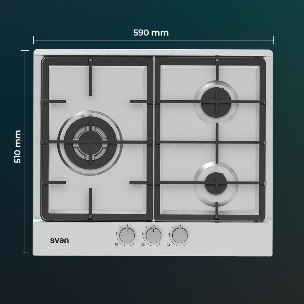 Svan Encimera de Gas Inox SGW3600X. Potencia máx. 6750 kW, 3 Quemadores, Quemador Wok Triple Llama, con Ignición Automática, Parrillas Forjadas, Incluye Kit de Conversión Gas Natural