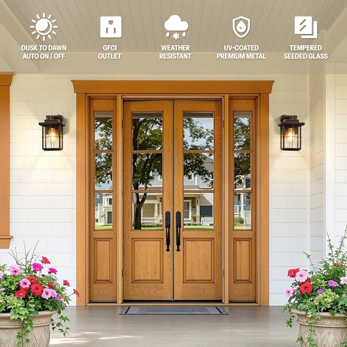 Image of Gleamz Outdoor Wall Light with GFCI Outlet, Modern Dusk to Dawn Light with Outlet, ORB Gold Trim Outdoor Wall Lantern for Porch, Waterproof Exterior Lights Wall Mount, Coach Light Fixtures for Garage