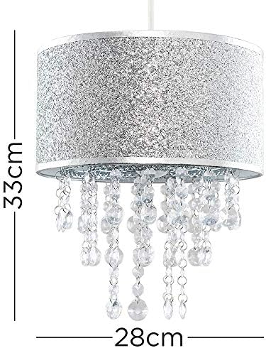 MiniSun Modern Silver Glitter Cylinder Ceiling Pendant Light Shade with Clear Acrylic Jewel Droplets - Complete with a 10w LED GLS Bulb [3000K Warm White]