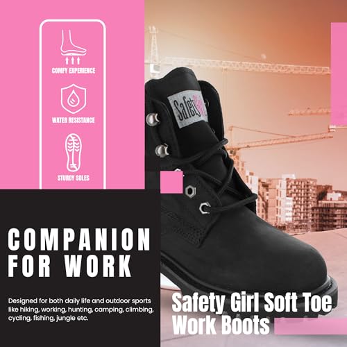 Women’s Work Boots | Waterproof Leather Work Boots for Women | Oil & Slip-Resistant Soft Toe Boots for Women | Premium Nubuck Leather | Lightweight and Comfortable | Black Leather - 5M3