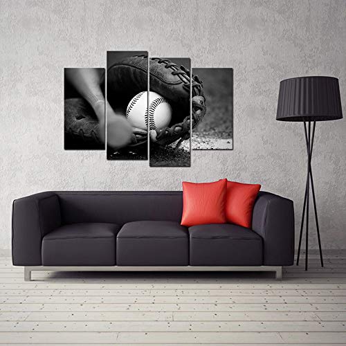 Homeoart Baseball Wall Art Sports Themed Painting Pictures Canvas Prints Boys Bedroom Decoration Black And White Stretched Framed Artwork 4 Panels #TOP3