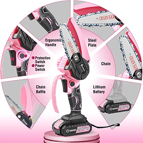 Image of Saker Mini Chainsaw,Portable Electric Pink Mini Chainsaw Cordless,Handheld Chainsaw for Tree Branches,Courtyard, Household and Garden,By 2PCS 20V 1500mAh Batteries and 3 PCS Chains