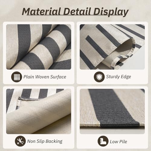 AMOAMI Outdoor Rug Patio Rug 5x8 ft Quick Dry Flatweave Textured Machine Washable Outdoor Carpet with Rubber Particles Backing Boho Outdoor Area Rug for Patio Deck Front Porch Balcony Greyish Black - Image 2