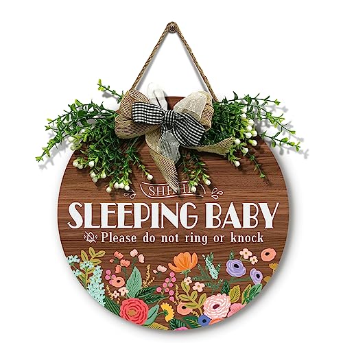Image of Dacawin Baby Sleeping Sign for Front Door 12 Inches Please Do Not Ring or Knock Door Sign Round Rustic Wooden Wreath with Bow Wall Hanging Decoration for Home Baby Room Nursery