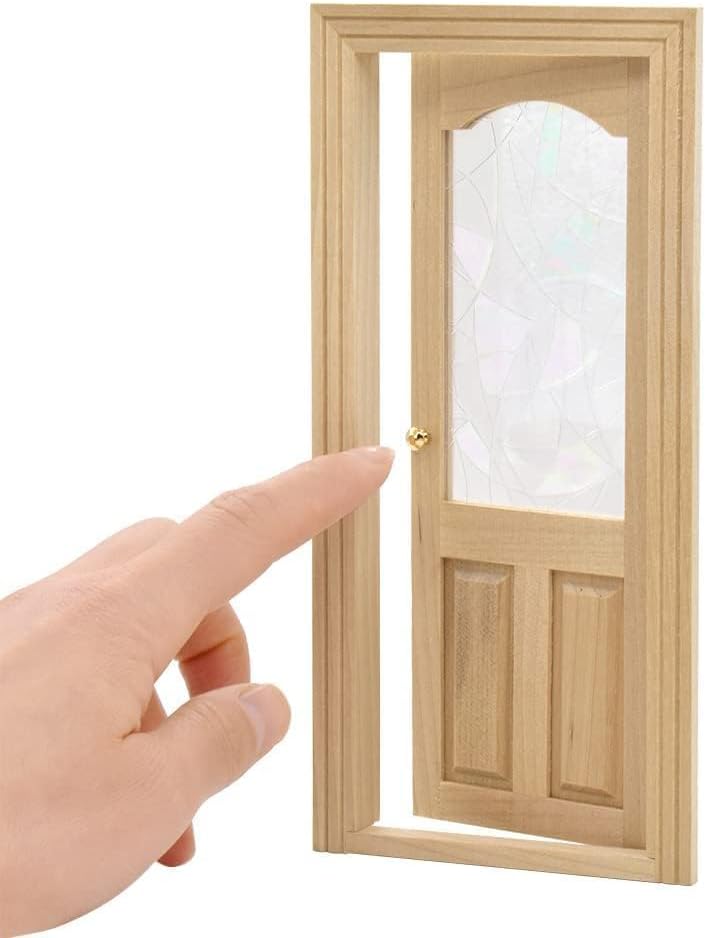 iLAND Dollhouse Door on 1 12 Scale, Unfinished Paintable Wooden Door w/ 3D Windowpane Reflecting Rainbow Light & Golden Metal Handles, Miniature Building Supplies Dollhouse Furniture & Decor