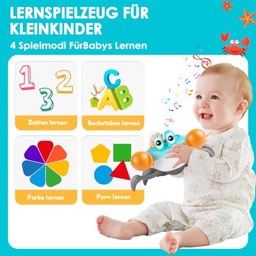 Aragallant Krabbe Baby Spielzeug, Elektronische Krabbel Krabbe ab 3 4 5 6 7 Jahre, Sensorische Krabbelspielzeug mit Musik und Hindernisvermeidung, Tummy Time Toys Geschenke für Kinder Junge Mädchen