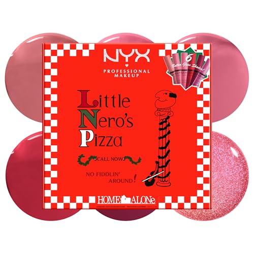 NYX Professional Makeup Home Alone Lipglosse in Pizzaschachtel, Mit glänzendem Finish und nicht klebriger Formel, Butter Gloss Pizza Vault, 6 Stück, 5 Pink-/Rottöne und Butter Gloss Bling