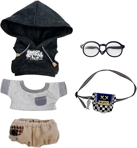Miniatura 7 de niannyyhouse Ropa de muñeca de felpa de 5.9 in con capucha, jeans, camiseta, gafas, mochila, juguete de peluche suave, accesorios de vestir (blanco,