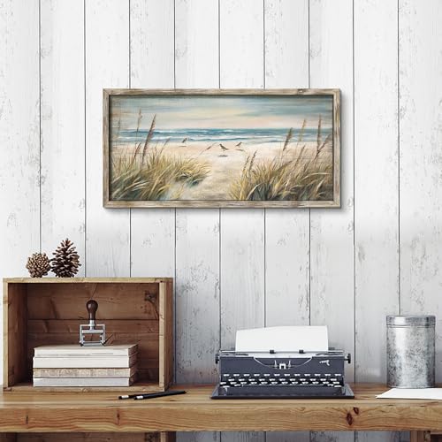 Beach Ocean Painting Wall Art: Framed Coastal Picture Wooden Sea Bird Print Seaside Sand Seascape Artwork Decor for Living Room Bedroom Bathroom 24x12 inch - Image 4