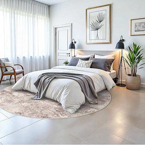 Washable Abstract 6ft Round Rugs - Large Rugs for Living Room Non Slip Indoor Entryway Rubber Backing Carpet Bedroom Kitchen Distressed Stain Resistant Floor Decor Mat Machine Washable 6ft Brown