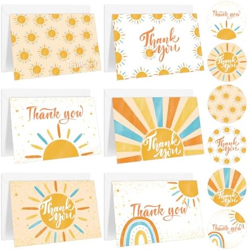 Boho Thank You Cards With Envelopes - 24-Pack Rainbow Sun Greeting Card Set
