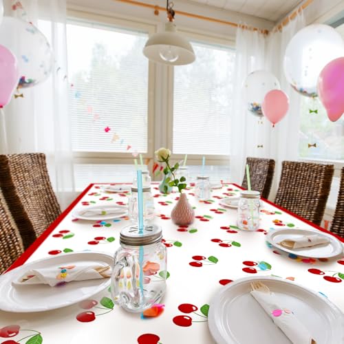 Image of Zhehao 3 Pcs 54x108 Inch Cherry Tablecloth Decorations Disposable Plastic Table Cover Rectangle Table Runner for Bachelorette Bridal Shower Baby Shower Party Decor Supplies