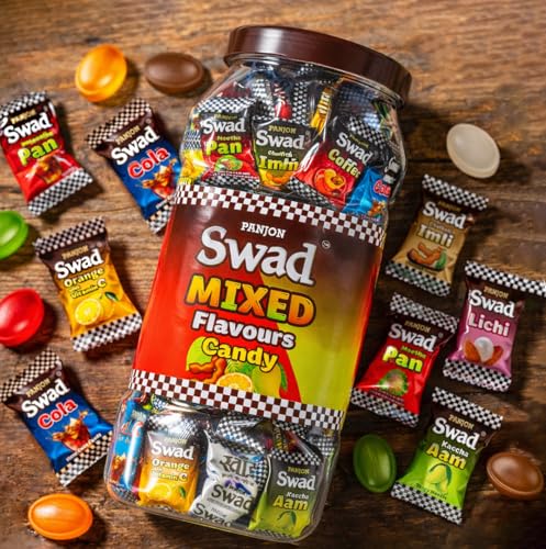 Image of Swad Mixed Assorted Candy Jar (Kaccha Mango, Imli, Coffee, Cola, Pan, Orange) Digestive & Tasty Masala Toffee | Indian Sweets, 200 Candies Jar