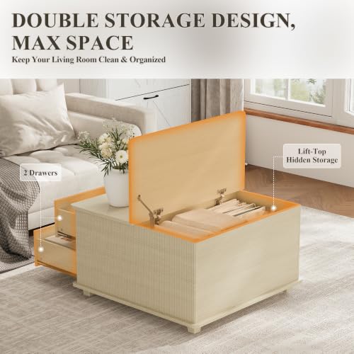 Image of MALOL Storage Coffee Table with 2 Drawers & Flip-Top Lid with Hidden Storage, Modern Fluted Wood Coffee Table, Solid Wood Legs, Square Center Table for Living Room, Light Wood