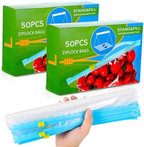Tuocal 75 Pcs Zip Lock Bags, Freezer Bag 3 Sizes (4.55L, 2.27L, 1L) Reusable Food Storage Bags With Expandable Bottom, BPA Free Slider Ziplock Sandwich Bag For Fruit, Vegetables, Grains, Meat, Snacks - View #11