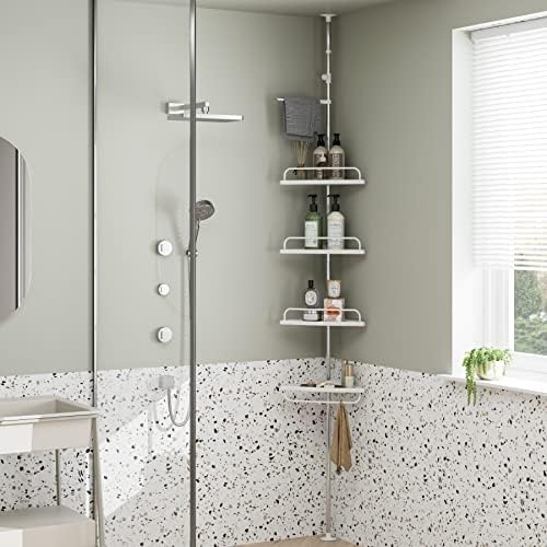 HOCSOK Adjustable Bathroom Corner Shelf, Telescopic Shower Caddy, with Stainless Steel Frame, 96-310 cm, Floor to Ceiling, with 4 Trays, 3 Hooks, 1 Towel Bar, White and Silver