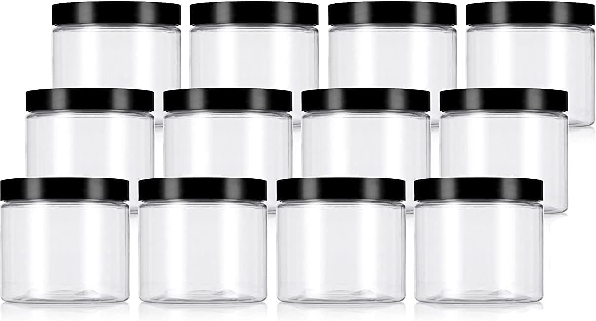JUVITUS 16 oz Clear PET Plastic Refillable Jar with Black Smooth Lid (12 pack) + Labels