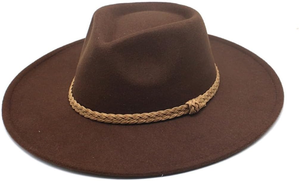 Western Fedora Hat with Braided Band, Wide Brim, Camel Brown