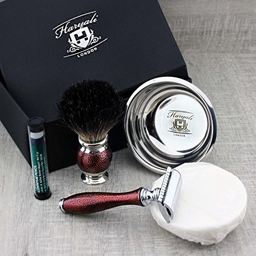 Set da 4 pezzi di rasatura in stile antico, con rasoio puro, rasoio, rasoio e sapone Haryali London Premium + panno in alluminio, perfetto per la rasatura a umido