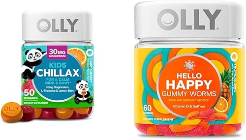OLLY Kids Chillax, Magnesium Gummies Plus L-Theanine, Lemon Balm & Hello Happy Gummy Worms, Mood Balance Support, Vitamin D, Saffron, Adult Chewable Supplement, Tropical Zing - 60 Count