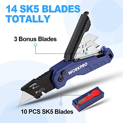Workpro Folding Utility Knife, Quick Change Box Cutter, Razor Knife For Cartons, Cardboard, Boxes, Blade Storage In Aluminum Handle, 13 Extra Blades Included (Blue) #TOP4