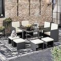 LHBcraft 9 Pieces Patio Dining Sets Outdoor Conversation Sets, Space Saving Wicker Chairs with Glass Table and Ottomans, Cushioned Seating and Back Sectional Dining Sets(BK-WH)