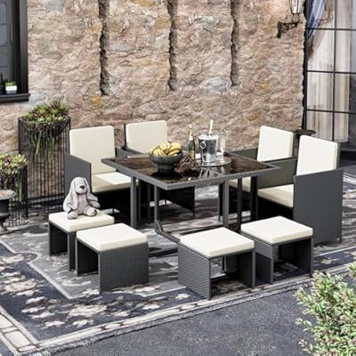 LHBcraft 9 Pieces Patio Dining Sets Outdoor Conversation Sets, Space Saving Wicker Chairs with Glass Table and Ottomans, Cushioned Seating and Back Sectional Dining Sets(BK-WH)