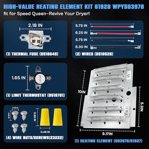 Upgraded ADE3SRGS173TW01 Heating Element fit for Speed Queen Dryer Heater 503978 61928 964P3 61927 fit for Amana Speed Queen Maytag Dryer Parts ADE3LRGS171TW01 ADE3SRGS175TW01 ADE4BRGS171TW01 LUXRILIX