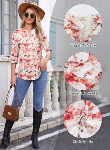 Image of Bulotus Womens 3 /4 Sleeve Tops Plus Size V Neck Zipper Business Casual Blouses for Office & Going Out Soft Knit Tunics, M-3XL