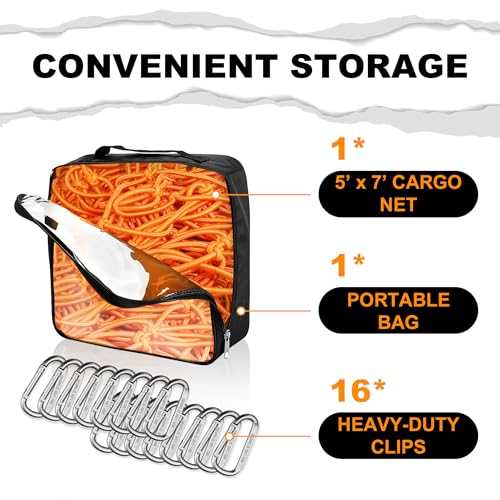 Seven Sparta 5’ x 7’ Bungee Cargo Net Stretches to 10\' x 14\' for Truck Bed, Pickup Bed, Trailer, Trunk, SUV with 16 Bonus D Clip Carabiners Car Organizer Net for Large Loads (Orange, 5\'x7\')