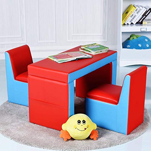 Costzon Kids Sofa, 2 In 1 Double Sofa Convert To Table And Two Chairs, Toddler Lounge With Wooden Frame And Pvc Surface, Children Boys Girls Couch Armrest Chair Double Seats With Storage Space (Red) #TOP1