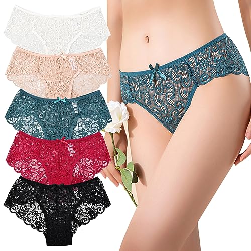 Bhoulandi 5 Pcs Womens Lace Underpants, Ladies Underwear Hipster Knickers, Sexy Bikini Low Waist Panties, 5 Colours Panties Briefs for Women (M)