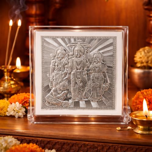 Image of Silver 999 Ram Darbaar Photo Frame for Car Dashboard, Home Decor - Rama Laxman Sita Hanuman Ji Tasveer for Navmi, Home, Office, Living Room, Puja, Return Gifts- 18x13x6 CM