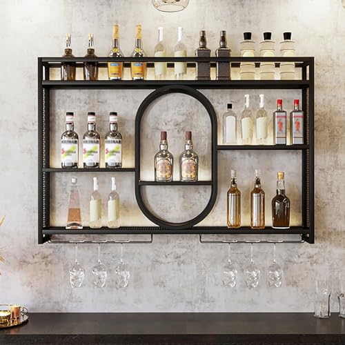 GLMGBP Étagère à vin Murale Moderne avec éclairage LED, étagère de présentation en métal pour Bouteilles d'alcool avec Support pour Verres à vin,...
