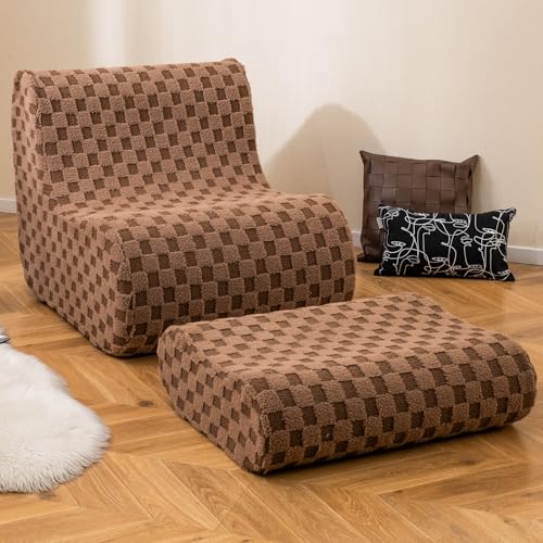 Giantex Bean Bag Chair with Ottoman, Bean Bag Sofa Chair with High Elasticity Sponge, Non-Slip Bottom & Machine-Washable Teddy Velvet Cover, Comfy Lazy Sofa for Living Room, Bedroom (Brown)
