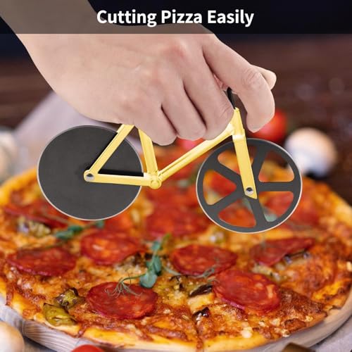 Image of SIGNAMIO Bicycle Pizza Cutter and Sandwich Slicer - Yellow, Ergonomic Non-Slip Handle, Stainless Steel Pizza Wheel for Kitchen, Ideal Roti, Paratha, Chapati, Brownie & Slice Cutter