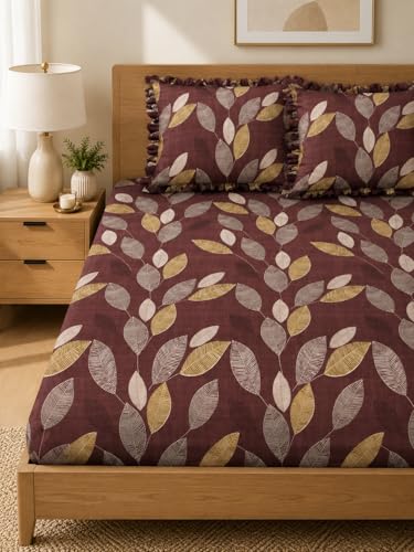 Image of 380 TC Premium Glace Cotton Elastic Fitted Bedsheet King Size with 2 Pillow Covers King Size | Double Bed with All Around Elastic (Wine New, Fitted Queen-60x78)