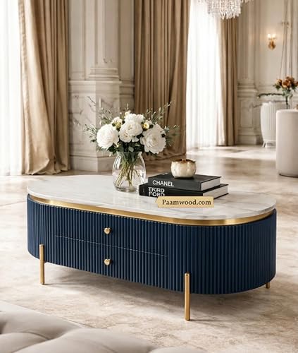 Image of Tesla Centre Table, 42x24x18 Inch, Nano Composite White Marble Top, Gold Accents, 2-Drawer Storage, Oval Design, Waterproof Plywood, PVD Legs, Modern Coffee Table for Living /Entryway