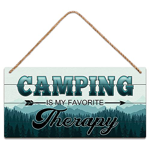SCAZOMV Funny Camp Wood Sign Camping Is My Favorite Therapy Home Outdoor Porch Patio Kitchen Garden Poster Retro Decor Art 5x10 Inch Wooden Hanging Plaque