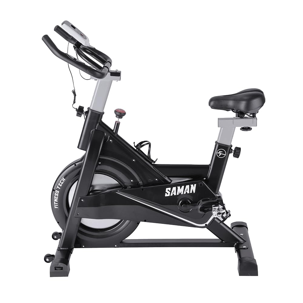 Fitness Tech, Bicicleta Spinning Saman, Bicicleta Indoor con Volante de Inercia y Pantalla LCD Multifunción, Bicicleta Estática con Manillar con Pulsómetro Integrado, Color Negro, 111 x53x119 Cm