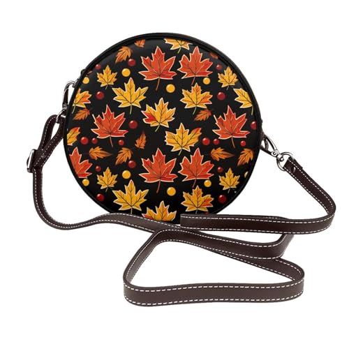 Sac à bandoulière rond d'exception en cuir vegan au motif feuilles d'automne