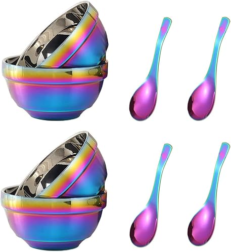 Miniatura 1 de Juego de cuencos arcoíris de 14 onzas con 4 cuencos de sopa y 4 cucharas de sopa, cuencos de cereales de doble pared de acero inoxidable 304 para el