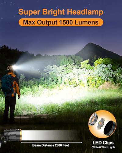 VOLISABER Rechargeable Headlamp LED, 1000 Lumens Super Bright Headlamp with Motion Sensor & Dual Light, Waterproof Head Light Zoomable 90° for Hiking, Camping, Cycling, Repair — view 3
