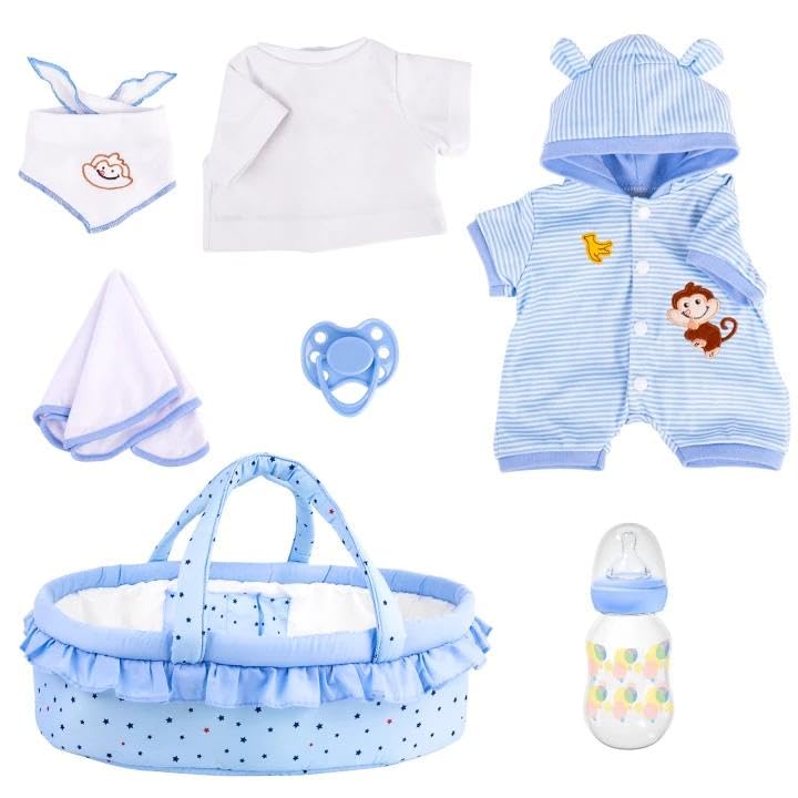 Aori 7 Pcs Reborn Baby Dolls Outfit Set with Bassinet Accessories for 16-18 Inch Newborn Doll, Blue Carrier Bed and Baby Clothes fit Newborn Doll